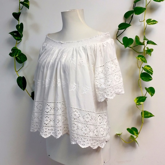 White Cotton Eyelet Lace Cropped Peasant Crop Top Blouse Boho Forever 21 - Picture 1 of 7